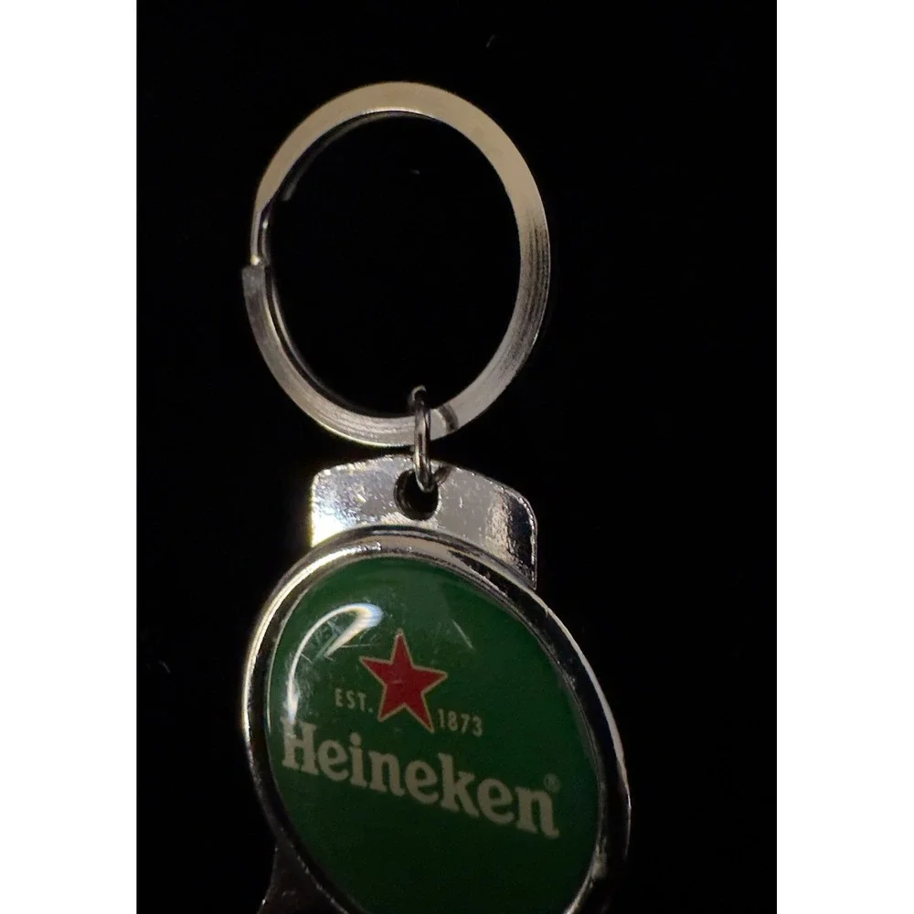 Heineken Beer Bottle Opener Keychain Silver Tone Metal Green Logo Red Star 3.75